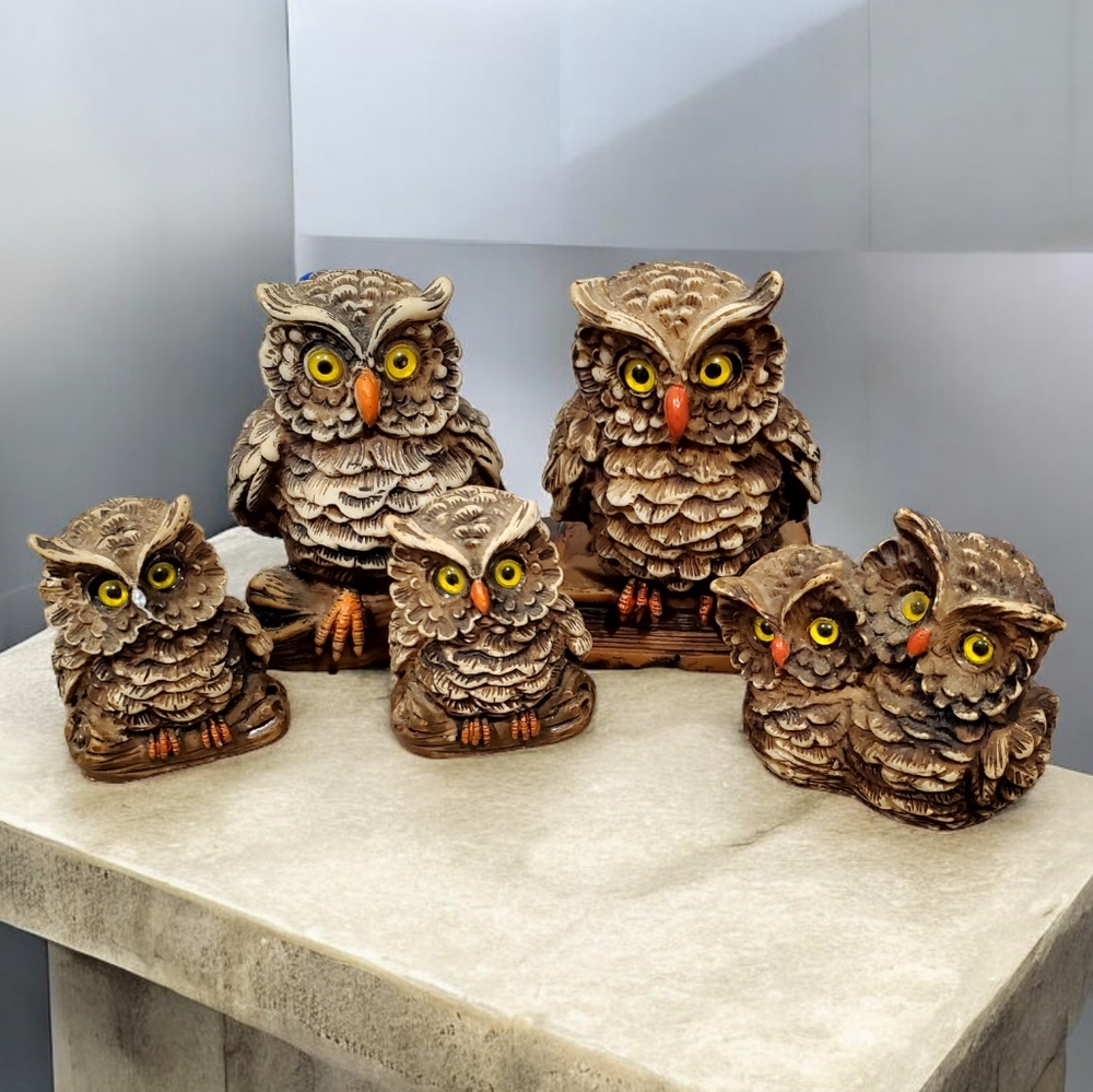 Vintage Owls Hand Painted signed EF Made In Italy Resin Yellow Glass Eyes
